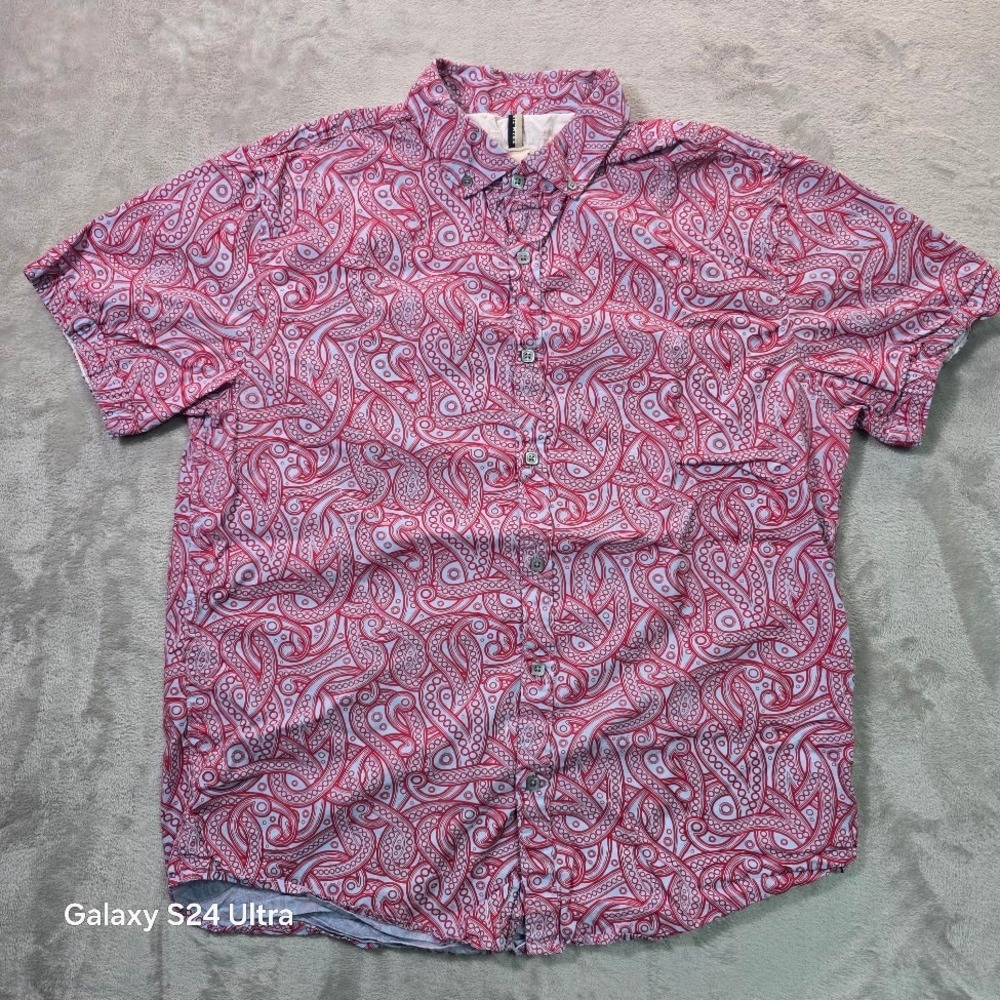RAW Men Trim Fit Short Sleeve Cotton Paisley Button Down Shirt Pink Blue Large